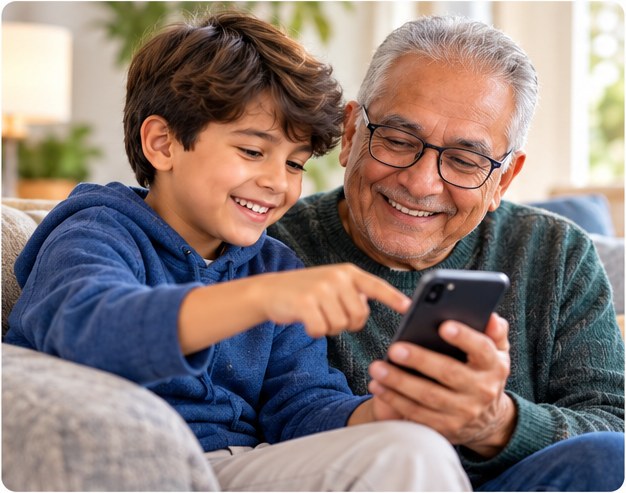 A grandfather and grandson smiling at a phone together