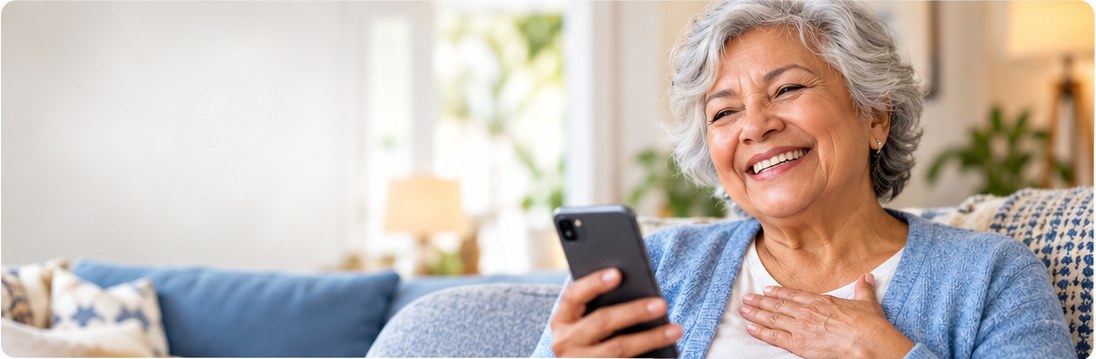A smiling woman holding her phone, relieved