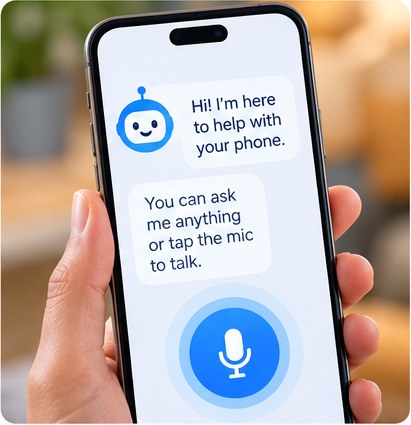 Phone showing a friendly help chat with a microphone button